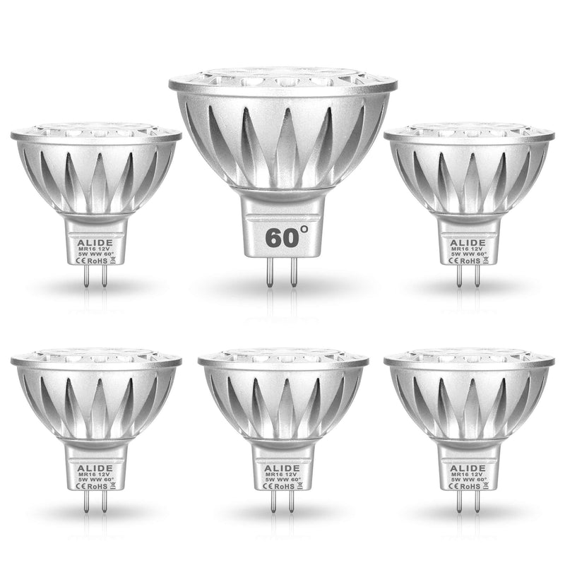 ALIDE MR16 Led Bulbs 60° (60 Degree)Wide Beam Angle,5W Replace 20W 35W Halogen,2700K Soft Warm White,Low Voltage 12volt MR16 GU5.3 Bulb Spotlights for Track Recessed Landscape Lighting,450lm,6 Pack 50*48mm