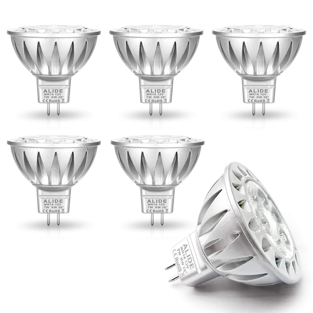 ALIDE MR16 7W 4000K Neutral White Led Bulbs,50W-75W Halogen Equivalent,12V Low Voltage GU5.3 MR16 Bulb Spotlight for Outdoor Landscape Flood Track Recessed Lighting,560lm,38 Deg,6 Pack 4000K Natural White