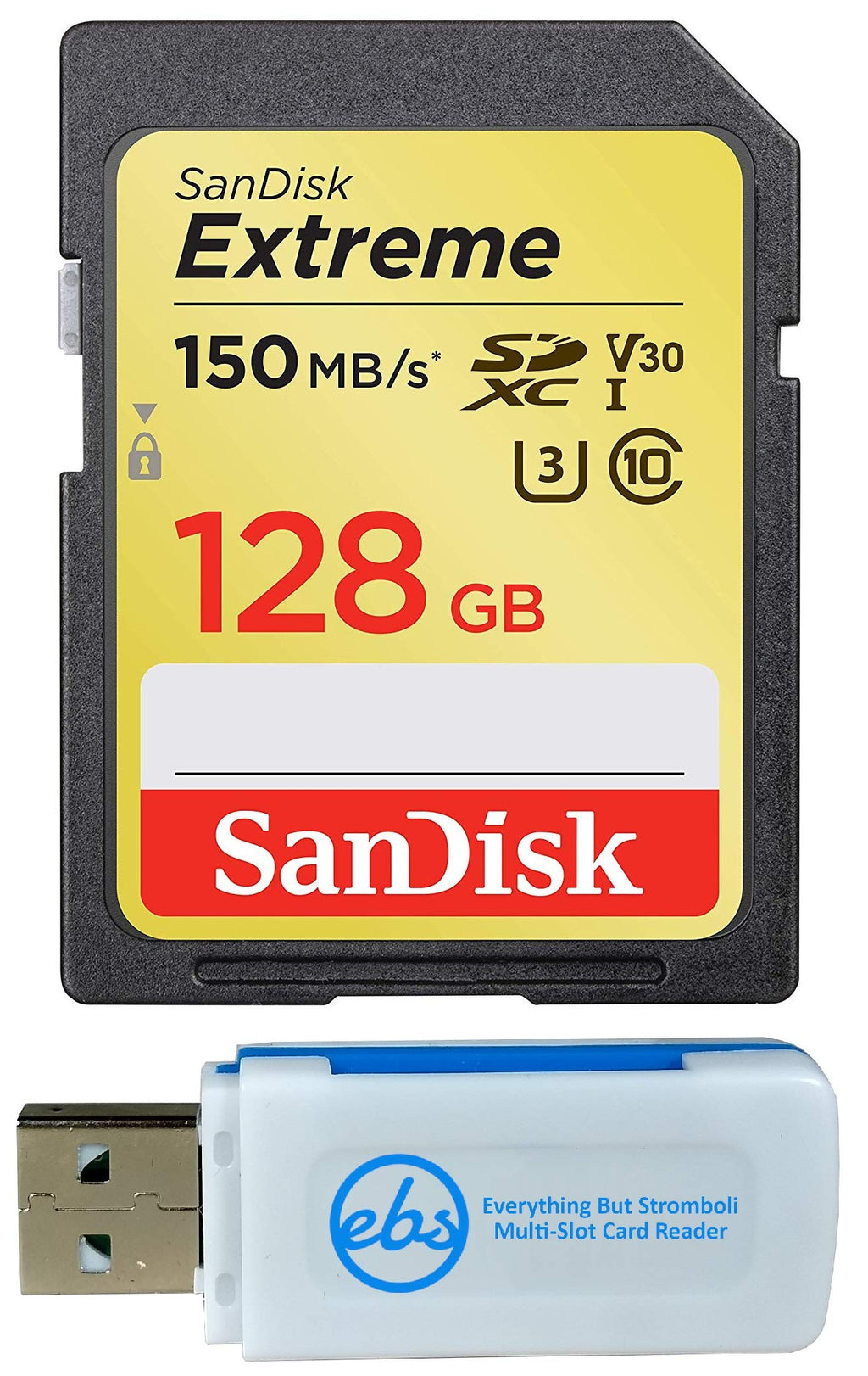 SanDisk Extreme 128GB SD Memory Card Works with Sony Alpha a7C, a6600, a6100, a6400 Mirrorless Camera (SDSDXV5-128G-GNCIN) U3 SDXC UHS-I Bundle with (1) Everything But Stromboli Micro & SD Card Reader