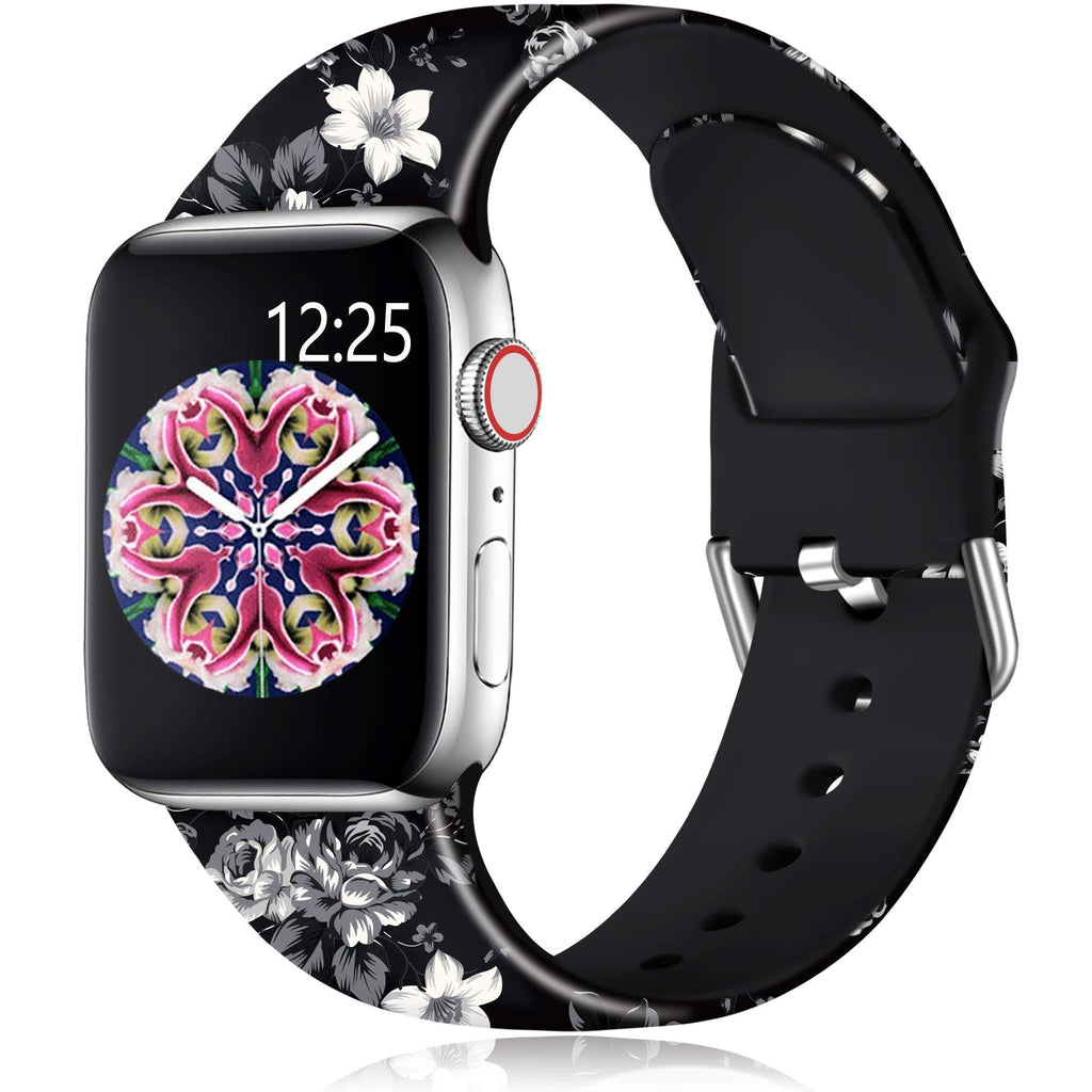 Muranne Band Compatible with Apple Watch SE 40mm 38mm 42mm 44mm for Women Ladies Girls Stylish Fadeless Print Replacement Watch Bands Cute Soft Silicone Sport Wristbands for iWatch Series 6 5 4 3 2 1 Black Flower 38/40MM S/M