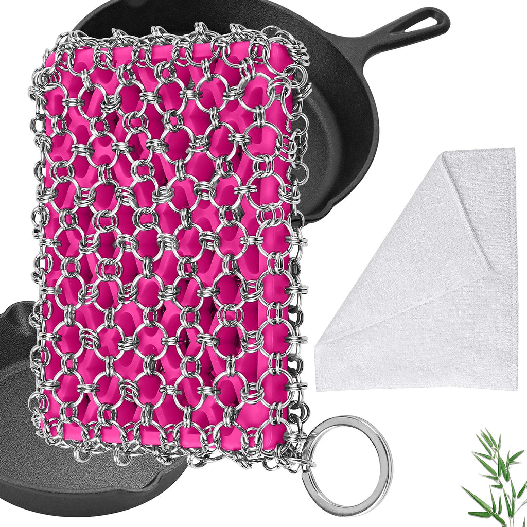 Cast Iron Skillet Cleaner - Chain Mail Scrubber Set for Cast Iron Cleaning, Iron Skillet Accessories 316 Stainless Steel Pan Scrubber Skillet Scraper Pot Cleaner Tool Kit for Dutch Oven Fry Pan Herda Pink