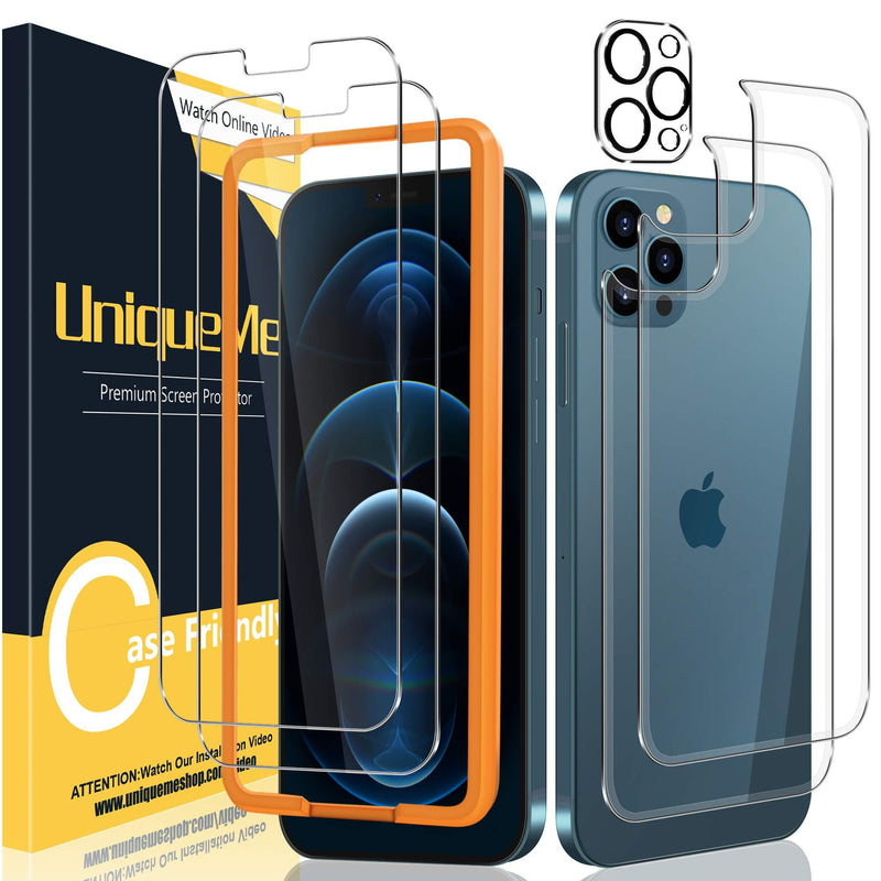 [2+2+1 Pack] UniqueMe Compatiable with iPhone 12 Pro 6.1 inch Front and Back Screen Protector + Camera Lens Protector Tempered Glass with Installation Frame【Not for iPhone 12】【U-Shaped Cutout】.