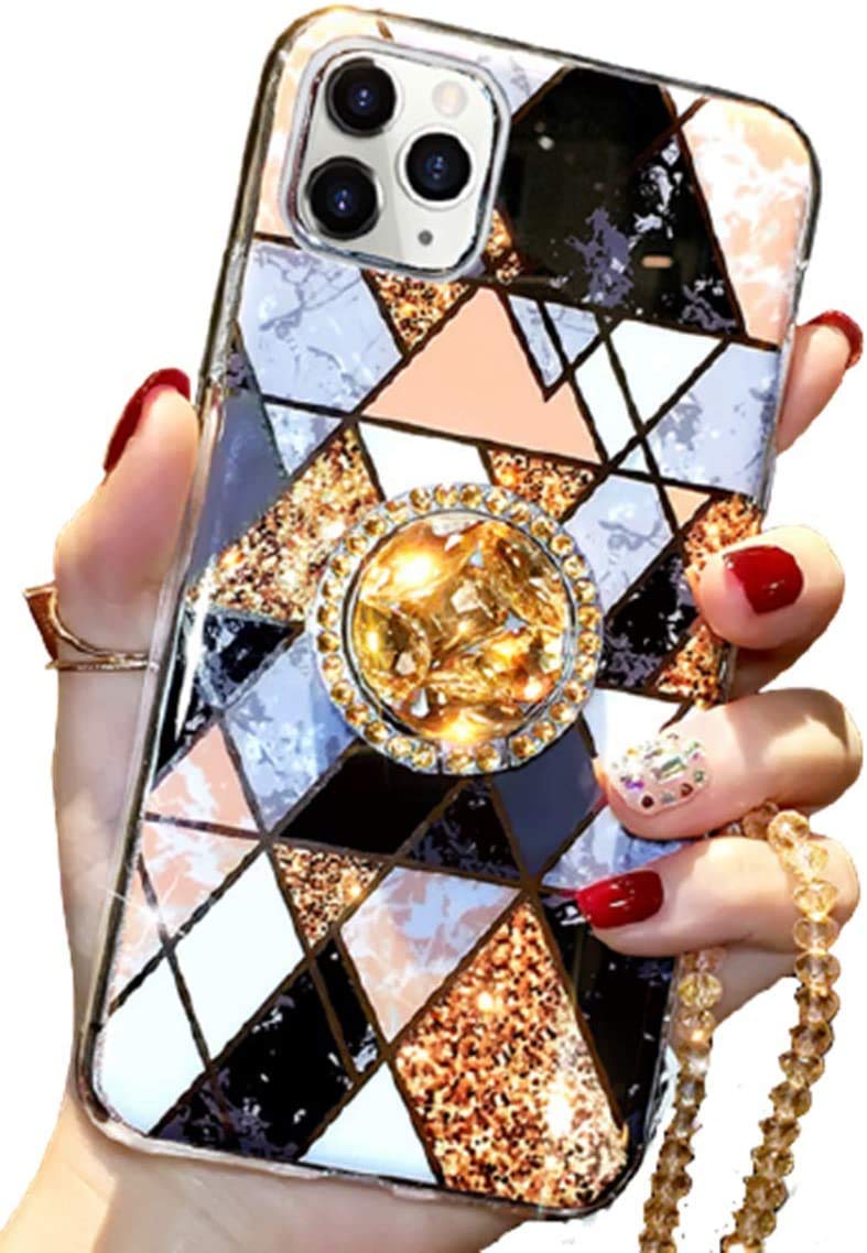 Aulzaju for iPhone 12 Pro Max Case for Girls Women Bling Diamond Glitter Sparkle Cute Cover with Ring Kickstand Luxury Stylish Rhinestone Bumper Case Beaded Strap Lanyard Marble Design 6.7'' Black iPhone 12 Pro Max 6.7 Inch