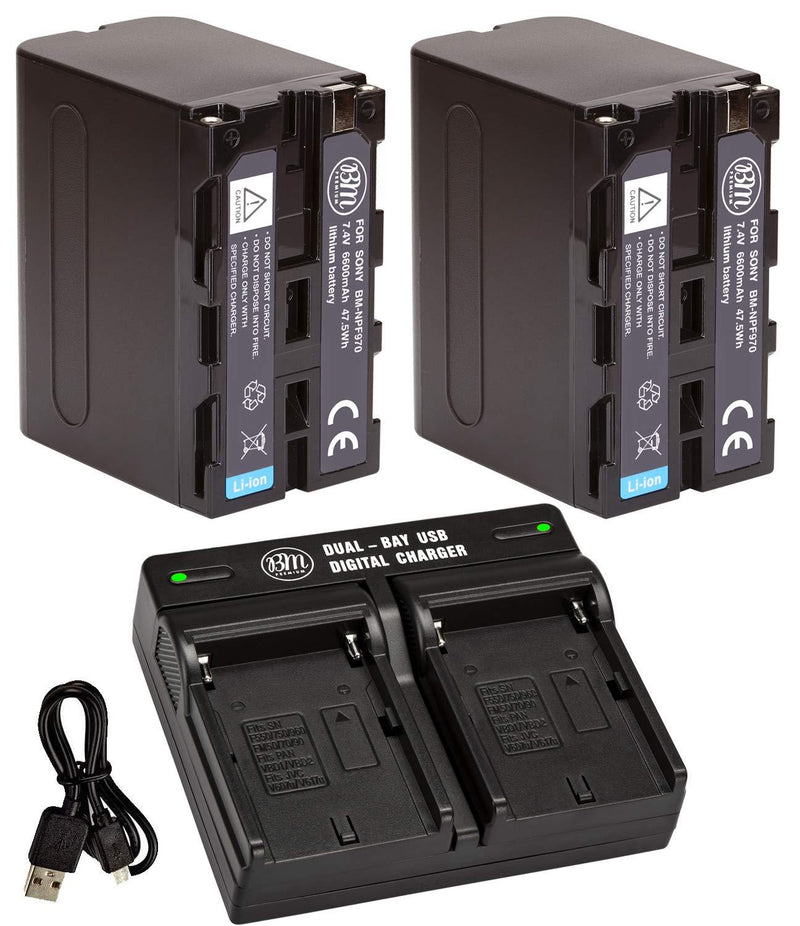 BM Premium 2 NP-F970 High Capacity Batteries and Dual Bay Battery Charger for Sony PXW-Z150, Z190, Z280, NEX-EA50M, FDR-AX14K, HDR-AX2000, FX1000, HVR-HD1000, Z7U, HXR-NX5U, MC2000U, MC2500, HXR-NX100