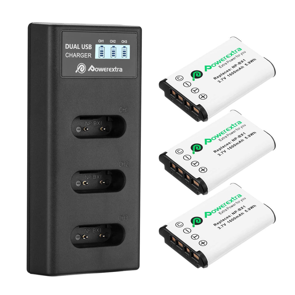 Powerextra NP-BX1 Battery 3 Pack and 3-Channel USB Charger for Sony NP-BX1 and Sony Cyber-Shot DSC-RX100, DSC-RX100 II, DSC-RX100M II, DSC-RX100 III, DSC-RX100 IV, DSC-RX100 V/VII, ZV-1