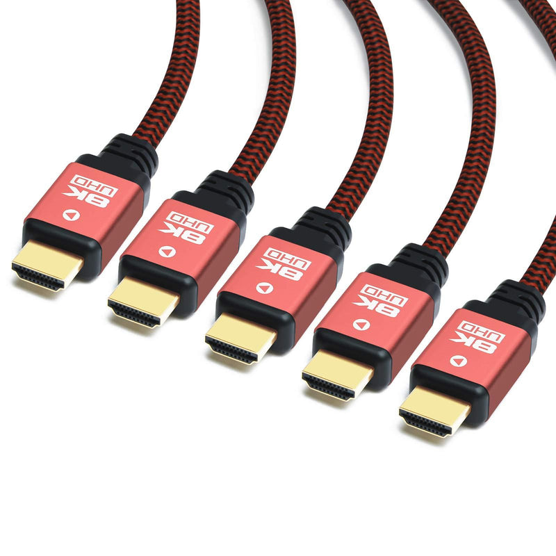 Yauhody 8K HDMI Cable 6ft (5 Pack), Durable Nylon Braided, High Speed 48Gbps HDMI 2.1 Cord, Supports 8K, 4K, 10K, 2K, HD, 3D, Dynamic HDR, HDCP 2.2, 4:4:4, eARC, Real 8K HDMI 2.1 (6ft, 5 Pack, Red)