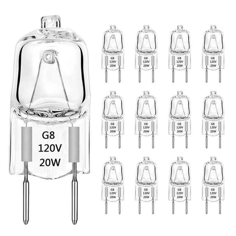 G8 Light Bulbs 20 Watt 120 Volt TAIYALOO Dimmable Halogen Light Bulb G8 Base Bi-Pin Shorter 20W T4 JCD Warm White Under Cabinet Puck Lighting Replacements,12 Pack 20.0 Watts