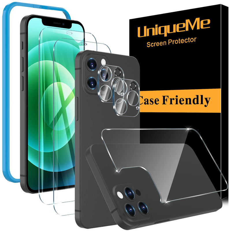 [2+1+2 Pack] UniqueMe Screen Protector Compatible with iPhone 12 Pro Max (6.7 inch), Front + Back Screen Protector + Camera Lens Protector Tempered Glass 9H HD [Installation Frame] [Precise Cutout]