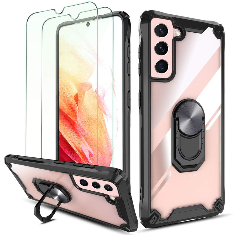QHOHQ Case for Samsung Galaxy S21 5G 6.2" with 2 Pack Tempered Glass Screen Protector,[360° Rotating Stand] [5 Times Military Grade Anti-Fall Protection],Transparent Hard PC Back, Soft TPU Edge-Black Black-2pcs