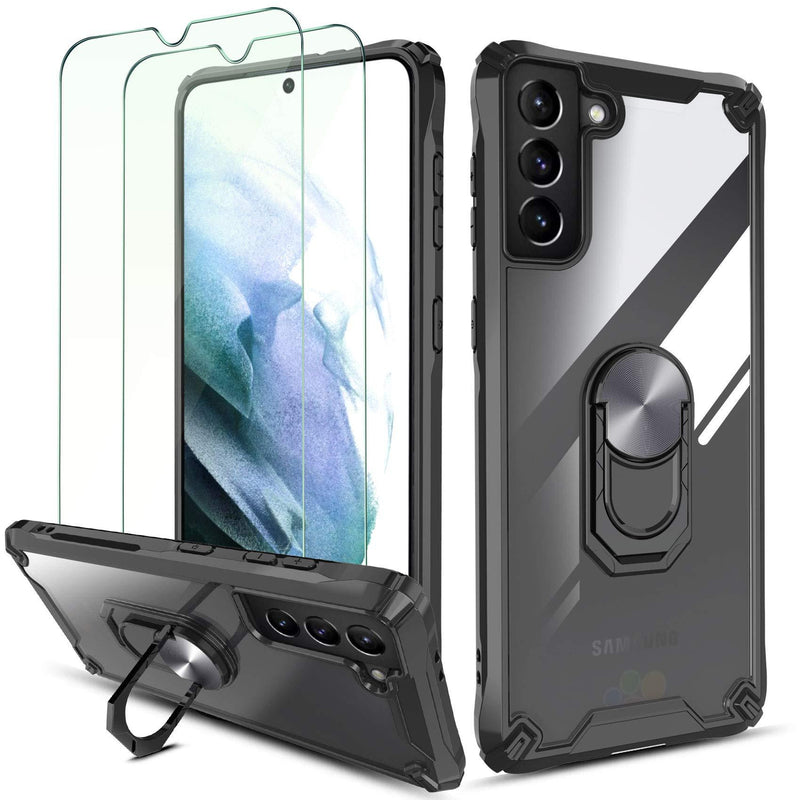 QHOHQ Case for Samsung Galaxy S21 Plus 5G 6.7" with 2 Pack Tempered Glass Screen Protector,[360° Rotating Stand] [5X Military Grade Anti-Fall Protection],Transparent Hard PC Back, Soft TPU Edge-Black PC+TPU-2pcs