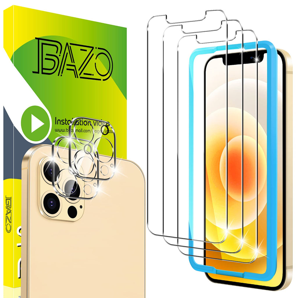 [3+2 Pack] BAZO Screen Protector for iPhone 12 Pro Max 6.7 inch -Tempered Glass + Camera Lens Protector with Easy Installation Frame -Anti-Scratch -Case Friendly - 9H Hardness - HD Clear