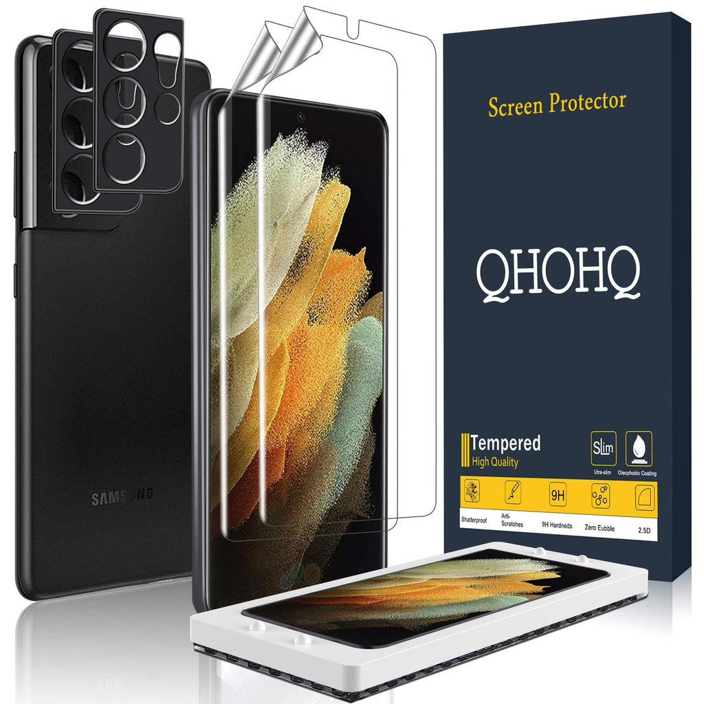 QHOHQ 2 Pack Screen Protector (Not Tempered Glass) for Samsung Galaxy S21 Ultra 5G 6.8" with 2 Packs Camera Lens Protector,Flexible TPU Hydrogel Film,HD - Anti-Scratch,Compatible Fingerprint Unlock Clear-4pcs