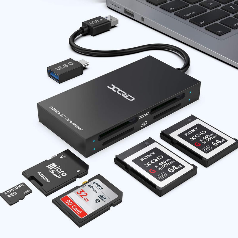 4 in 1 XQD SD TF Card Reader Adapter, USB 3.1 Type A XQD Memory Card Adapter 5Gbps High Speed Read & Write Sony G/M Series, Lexar 2933x/1400x USB Mark XQD Card, SD and TF Card for Windows/Mac OS