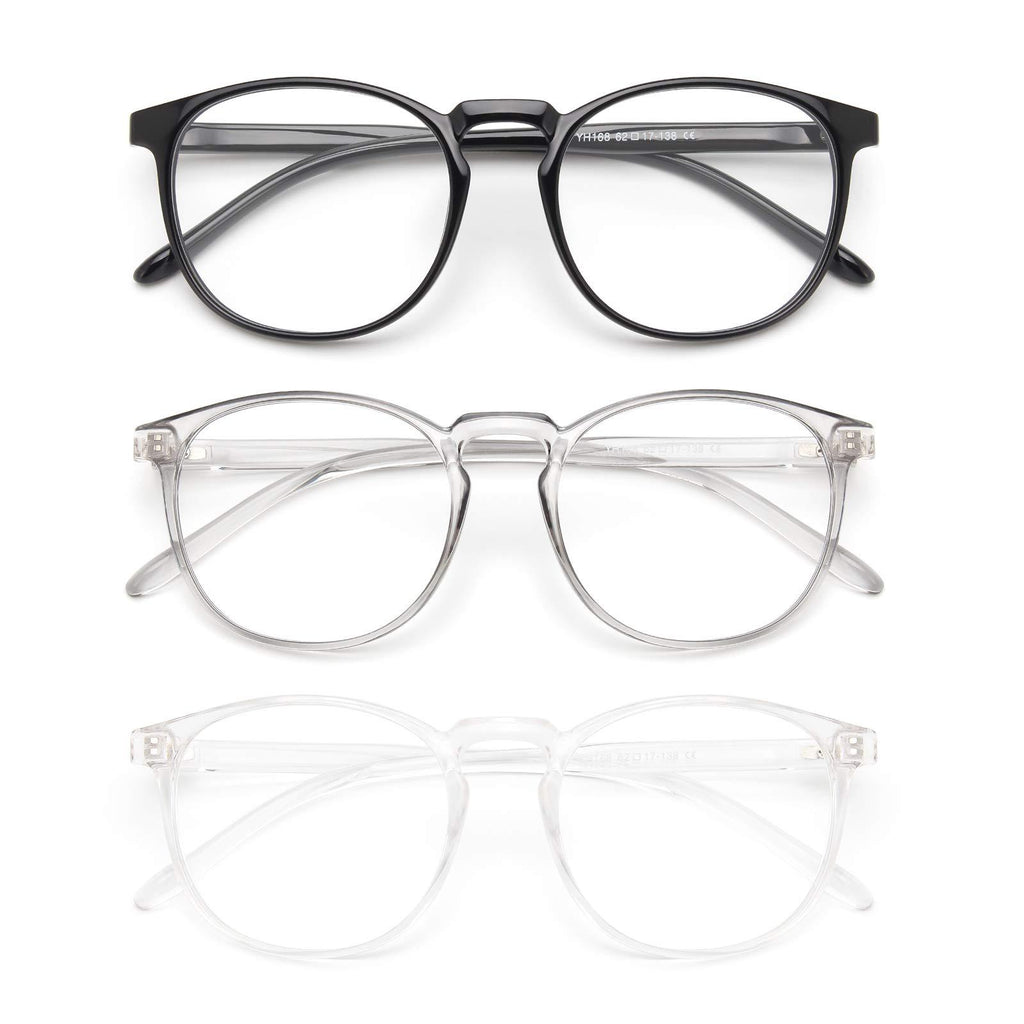 IBOANN 3 Pack Blue Light Blocking Glasses Women/Men, Round Fashion Retro Frame, Vintage Fake Eyeglasses with Clear Lens A2 Light Black & Tranparent & Grey