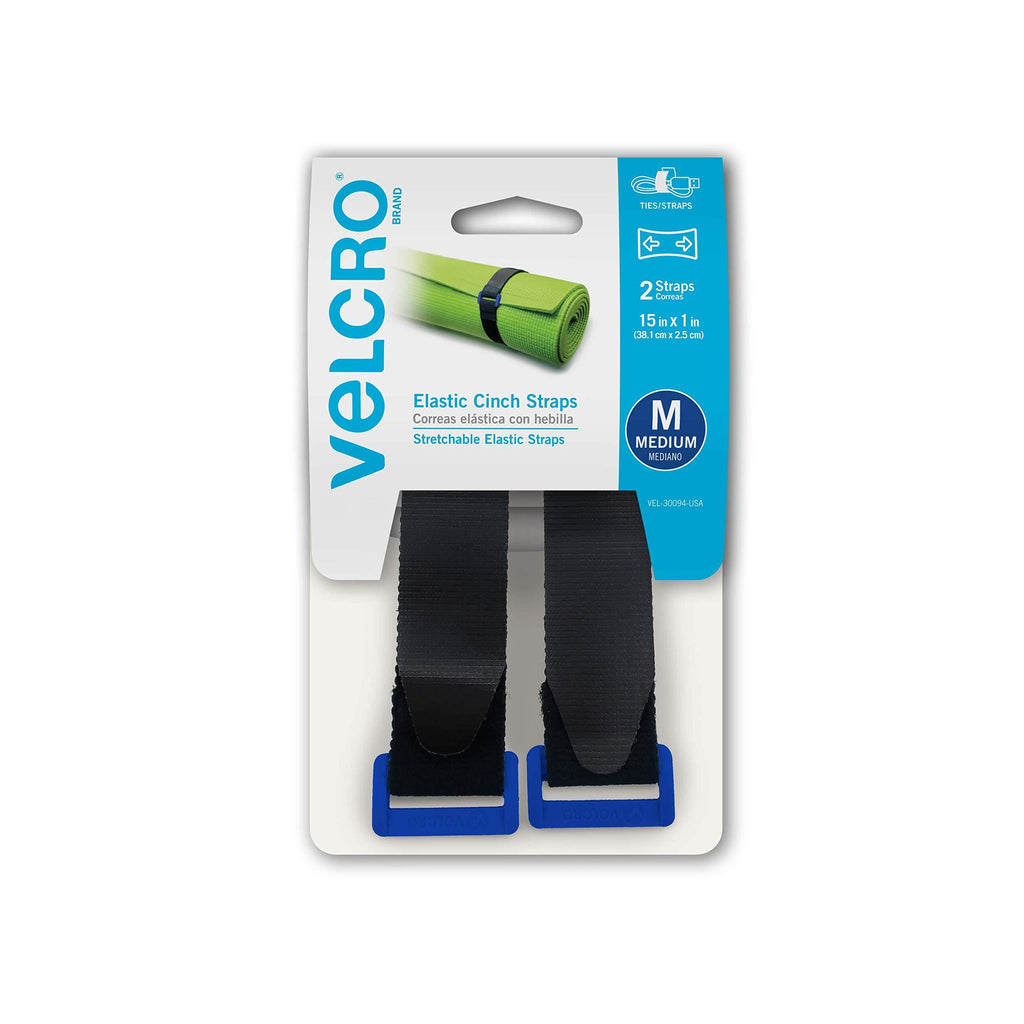 VELCRO Brand Elastic Cinch Straps with Buckle | 15in x 1in, 2 Count | Adjustable and Stretch for Snug Fit | for Fastening Power Cords Organizing Camping Equipment, More | Black (VEL-30094-USA) M - 15in x 1in