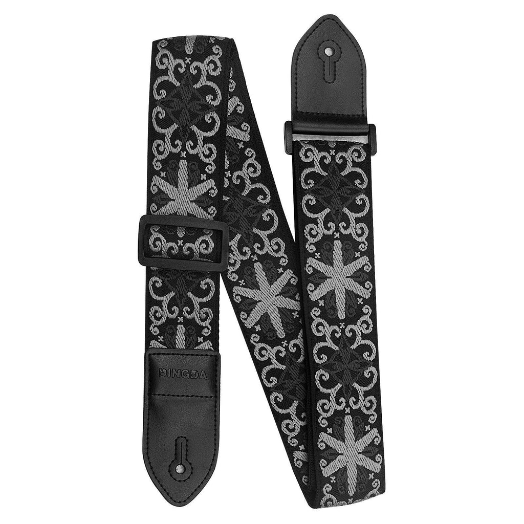 DINGDA Adjustable Guitar Strap - Jacquard Weave Embroidered Strap, Vintage Hootenanny Woven Guitar Shoulder Strap for Bass, Electric & Acoustic Guitars (Black) Hootenanny Black