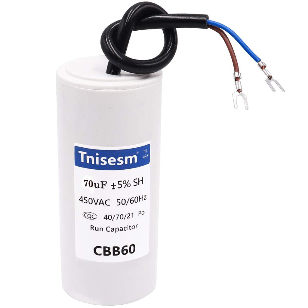 Tnisesm 70uF CBB60 Run Capacitor 450V AC 2 Wires for Start-up of AC Motors with Frequency of 50Hz/60Hz Washing Machines, Air Conditioners, Refrigerators & Water Pumps