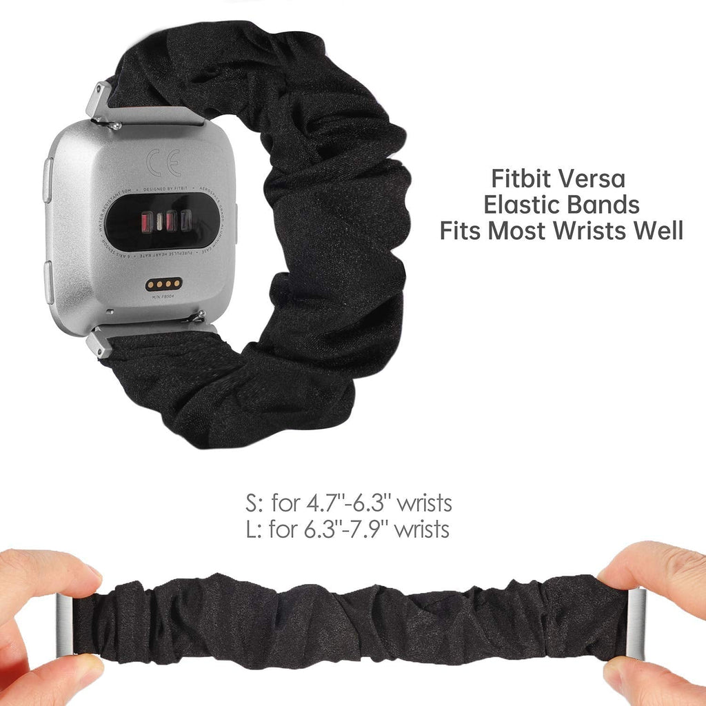 TOYOUTHS 2-Pack Compatible with Fitbit Versa/Versa 2 Bands Scrunchie Elastic Versa Lite Special Edition Wristband Cloth Fabric Fashion Bracelet Women Men (Black+Grey Floral)