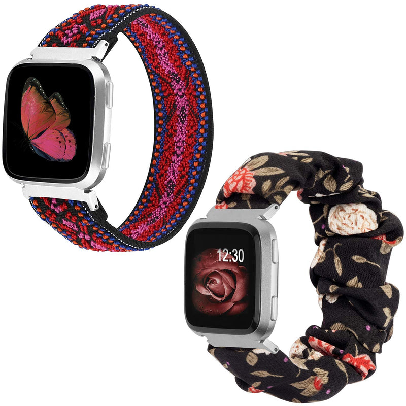 TOYOUTHS 2-Pack Compatible with Fitbit Versa/Versa 2 Bands Scrunchie Elastic Versa Lite Special Edition Wristband Cloth Fabric Fashion Bracelet Women Men (Black Red Floral+Boho Embroidery Pattern)