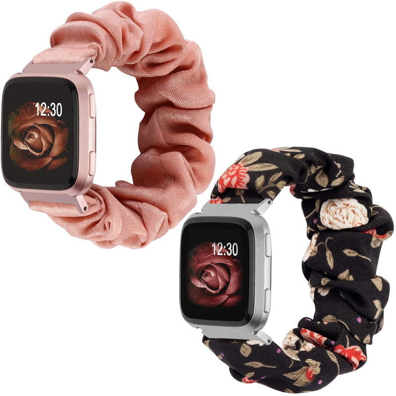 TOYOUTHS 2-Pack Compatible with Fitbit Versa/Versa 2 Bands Scrunchie Elastic Versa Lite Special Edition Wristband Cloth Fabric Fashion Bracelet Women Men (Black Red Floral+Rose Gold)