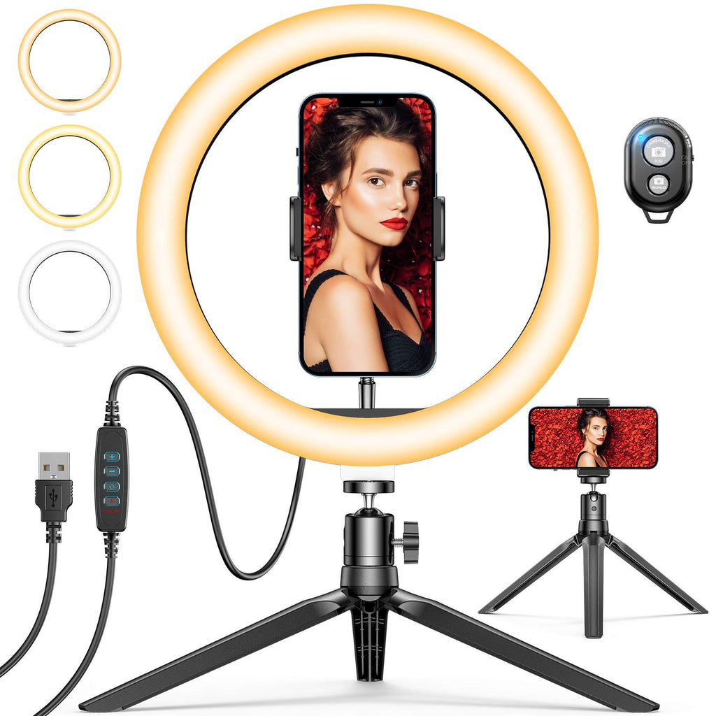 10" Selfie Ring Light with Tripod Stand & Phone Holder, GPEESTRAC Desk Beauty Circle LED Ringlight for Makeup Photography Live Steaming Camera Vlog YouTube Video, Compatible with iPhone & Android