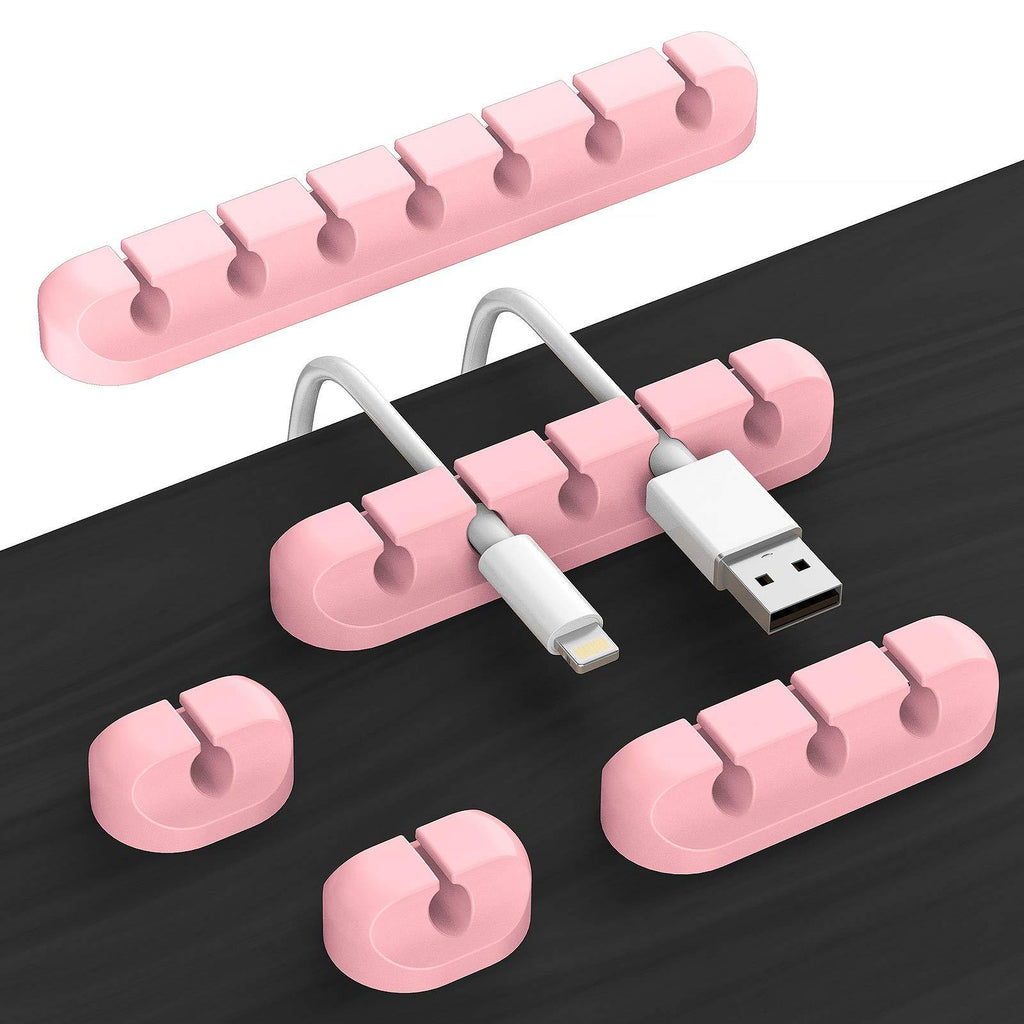 Cable Clips, 5 Packs Pink Cable Management Cord Organizer, Self Adhesive Cord Holder for USB Cable/Power Cord/Wire, Car and Desk, Home and Office (7-5-3-1-1 Slots)