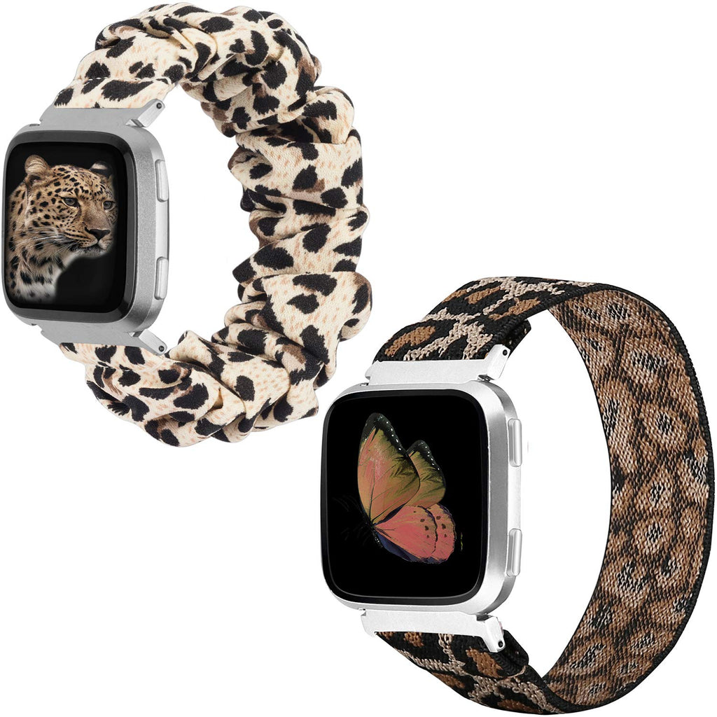TOYOUTHS 2-Pack Compatible with Fitbit Versa/Versa 2 Bands Scrunchie Elastic Versa Lite Special Edition Wristband Cloth Fabric Fashion Bracelet Women Men (Leopard+Cheetah)