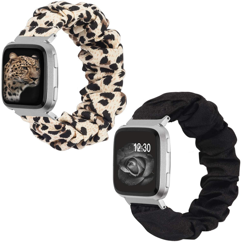 TOYOUTHS 2-Pack Compatible with Fitbit Versa/Versa 2 Bands Scrunchie Elastic Versa Lite Special Edition Wristband Cloth Fabric Fashion Bracelet Women Men (Leopard+Black)