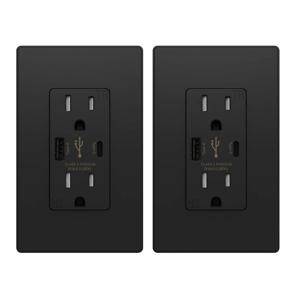 ELEGRP 25W 5.0 Amp Type C USB Wall Outlet, 15 Amp Receptacle with USB Ports, USB Charger for iPhone, iPad, Samsung, Google, LG, HTC and Android Devices, with Wall Plate, 2 Pack, Matte Black, UL Listed 15 Amp Outlet