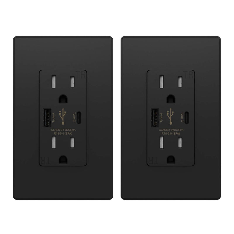 ELEGRP 25W 5.0 Amp Type C USB Wall Outlet, 15 Amp Receptacle with USB Ports, USB Charger for iPhone, iPad, Samsung, Google, LG, HTC and Android Devices, with Wall Plate, 2 Pack, Matte Black, UL Listed 15 Amp Outlet