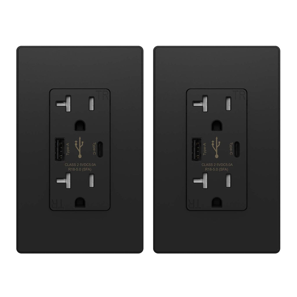 ELEGRP 25W 5.0 Amp Type C USB Wall Outlet, 20 Amp Receptacle with USB Ports, USB Charger for iPhone, iPad, Samsung, Google, LG, HTC and Android Devices, with Wall Plate, 2 Pack, Matte Black, UL Listed 20 Amp Outlet