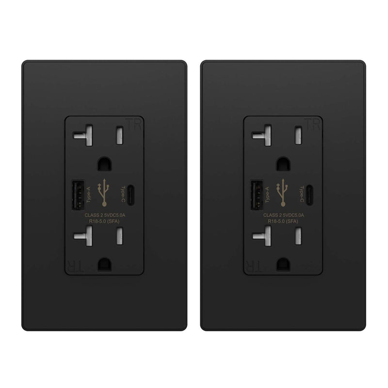 ELEGRP 25W 5.0 Amp Type C USB Wall Outlet, 20 Amp Receptacle with USB Ports, USB Charger for iPhone, iPad, Samsung, Google, LG, HTC and Android Devices, with Wall Plate, 2 Pack, Matte Black, UL Listed 20 Amp Outlet