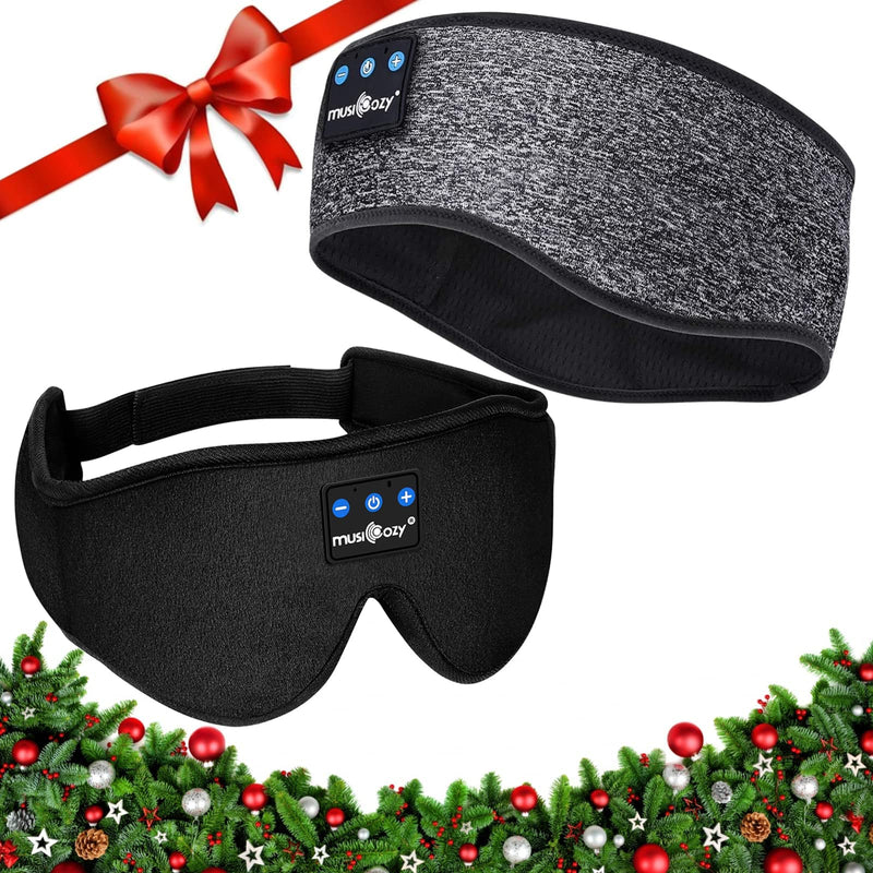 MUSICOZY Sleep Headphones Bluetooth Wireless Sports Headband, Sleeping Eye Mask Earbud for Side Sleepers Air Travel Meditation, Black Mask & Gray Headband, Pack of 2