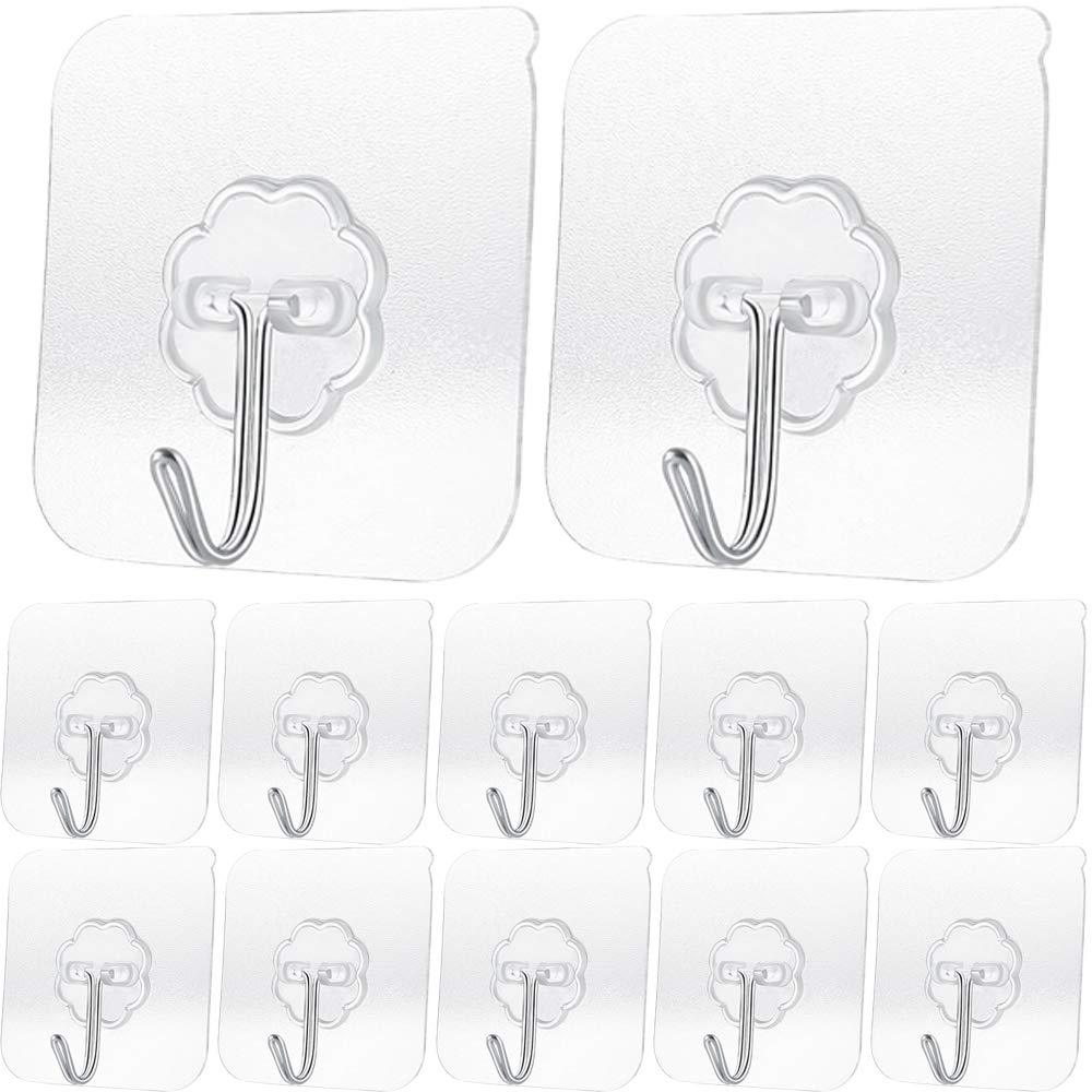 Adhesive Hooks , Transparent Reusable Utility Hooks Heavy Duty Wall Hooks 13lb(Max) Seamless Hooks Waterproof and Oil Proof for Kitchen Bathroom and Kitchen (12) 12
