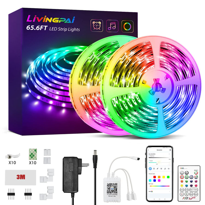 65.6ft LED Strip Lights, LIVINGPAI RGB Color Changing LED Lights for Bedroom with Phone App Control, Remote and Built-in Mic, Music Sync Luces LED Strips for Room Decor, Dorm, Kitchen, Home Decoration 65.6FT