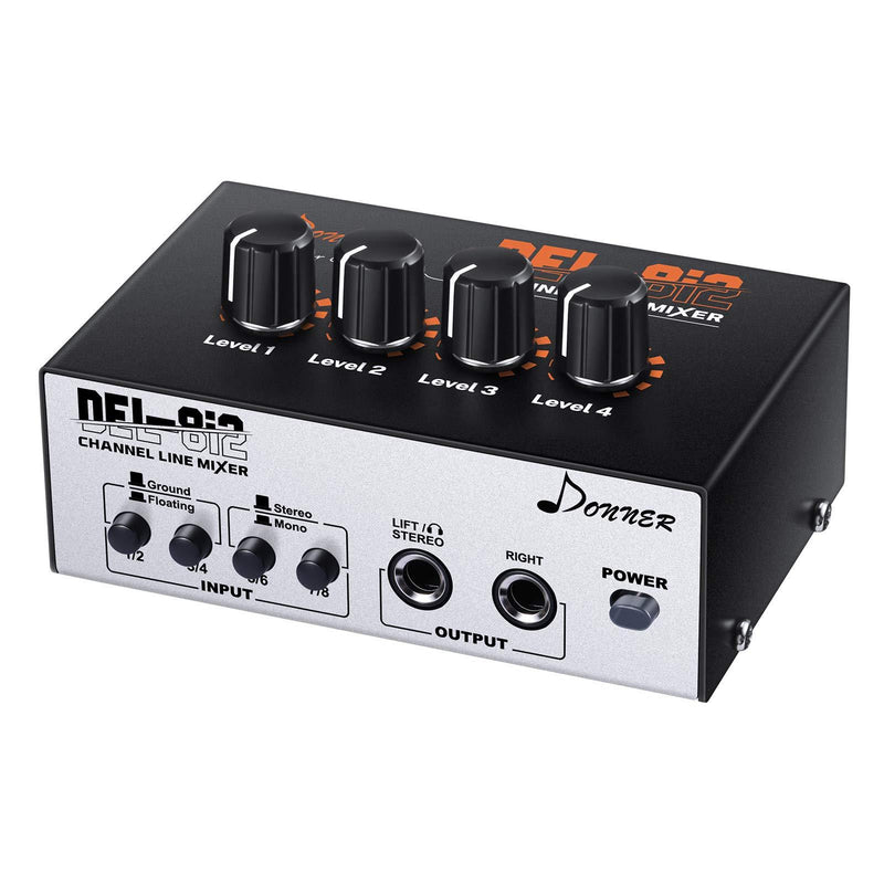 Donner Stereo Line Mixer, Mini Audio Mixer, 4-Channel,with AC adapter.As Microphones,Guitars,Keyboards or Stage Sub Mixer,Ideal for Club or Bar.with Floating and Grounding and Adjustment-DEL-8i2