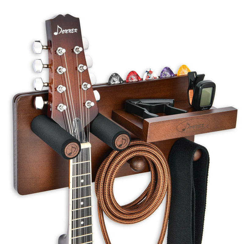 Donner Guitar Wall Mount Shelf, Guitar Wall Hanger with Storage Shelf, Pick Holder and 2 Hook, Guitar Wood Hanging Rack for Electric Guitar, Acoustic Guitar, Bass Guitar, Guitar Accessories