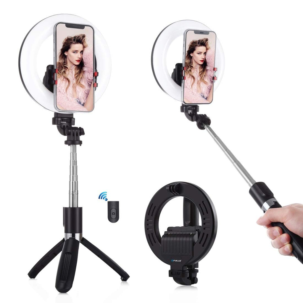 PULUZ Ring Light with Tripod Stand & Phone Holder & Bluetooth Remote, 5 inch Dimmable Selfie Ring Light for Live Streaming & Makeup, YouTube Video, Compatible with iOS/Android