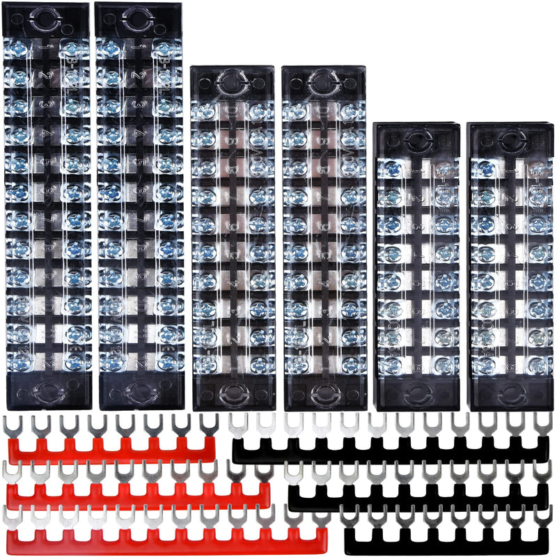 Terminal Blocks Ground Circuit 12PCS/6 Set 8+10+12 Positions 600V 15A Dual Row Bus Bar Wire Amp Mount Screw Terminal Block Kit with Cover 400V Pre Insulated Strip for DIY Small Electrical Home Project 12PCS-8P+10P+12P Set-15A