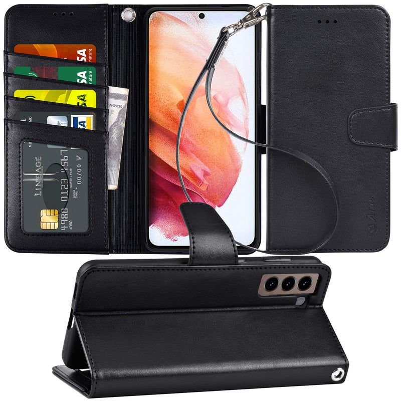 Arae Case for Samsung Galaxy S21 Wallet Case Flip Cover with Card Holder and Wrist Strap for Samsung Galaxy S21, 6.2 inch (Black) Black