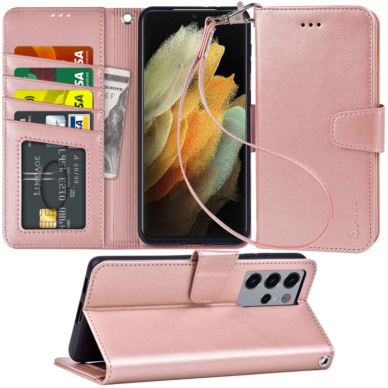 Arae Case for Samsung Galaxy S21 Ultra Wallet Case Flip Cover with Card Holder and Wrist Strap for Samsung Galaxy S21 Ultra, 6.8 inch (Rose Gold) Rose Gold