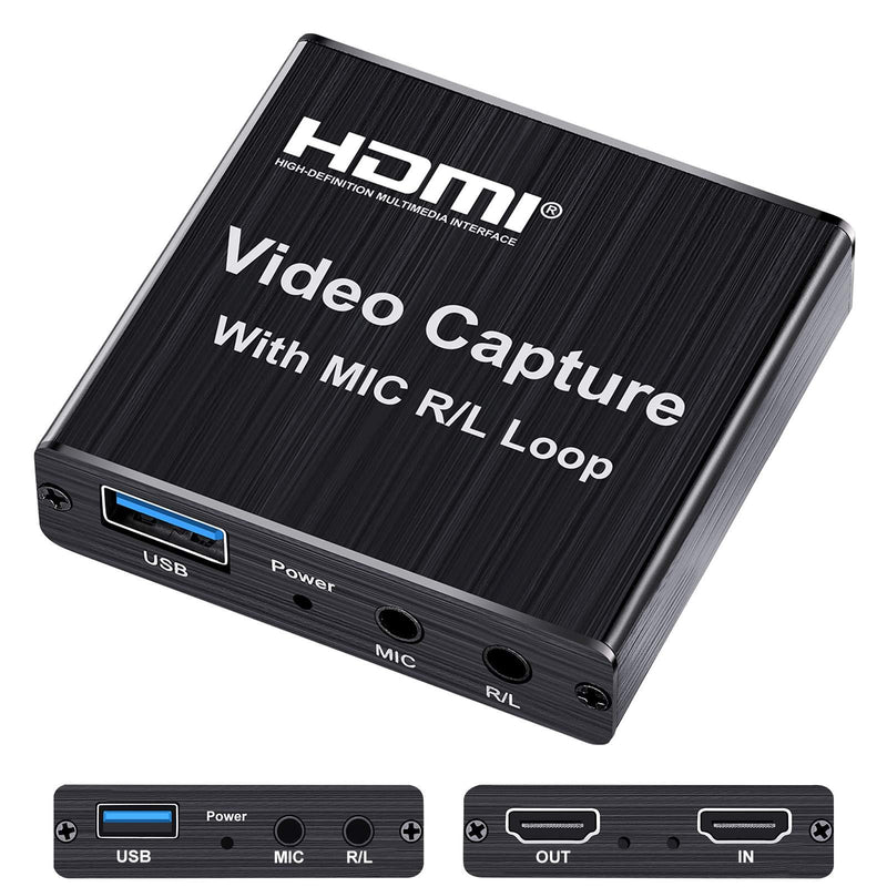 Capture Card, 4K HDMI Game Video Capture Card with USB 2.0 & Microphone HDMI Loop-Out Live Streaming Gaming Recorder for Nintendo Switch, PS4, Camera, PC Black