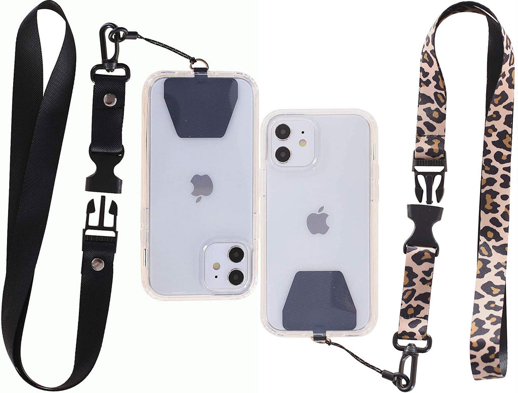 [2 Pack] Cellphone Lanyard Tether, Universal Detachable Neck Strap with Patch for Most Cell Phone Case & iPhone Case (Black+Leopard) Black+Leopard