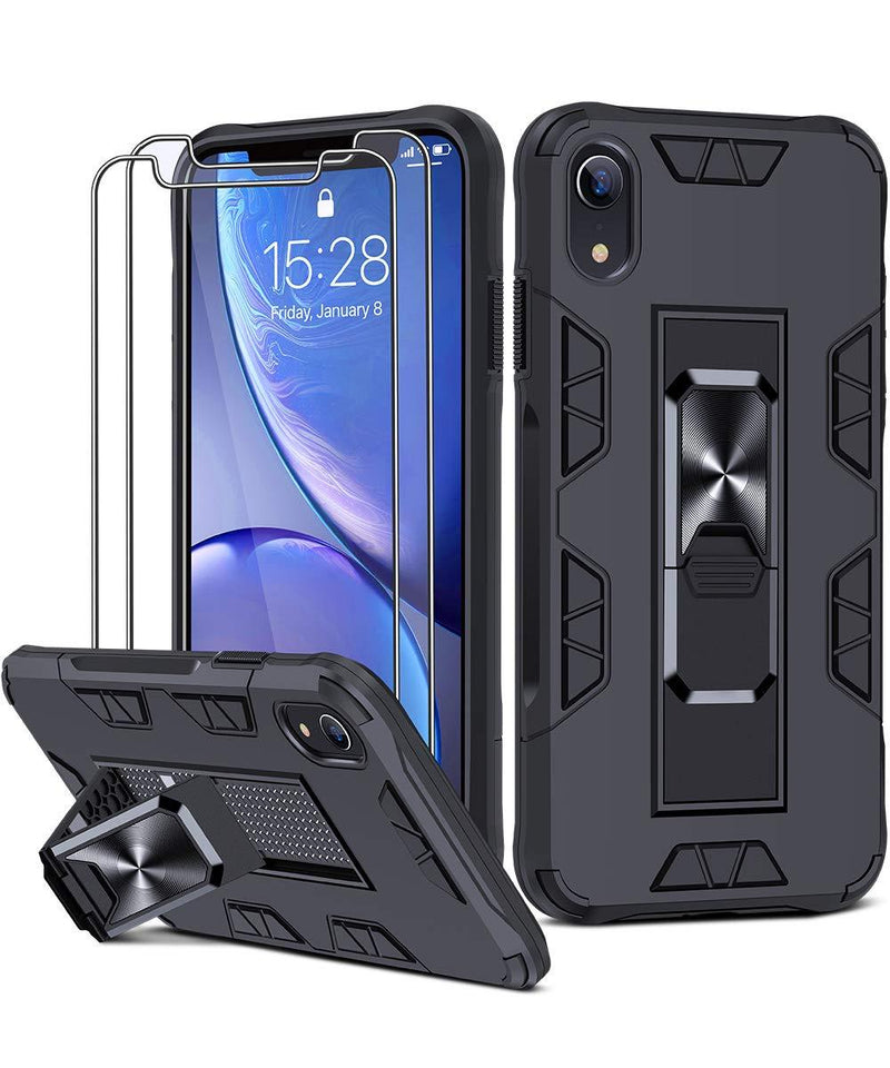 JAME Invisible Foldable Phone Case for iPhone XR Case with Screen Protector [2pcs], XR Phone Protective Cover Case for Men Women, with Magnetic Metal Kickstand, Hard PC+ Soft Silicone, 6.1" Black