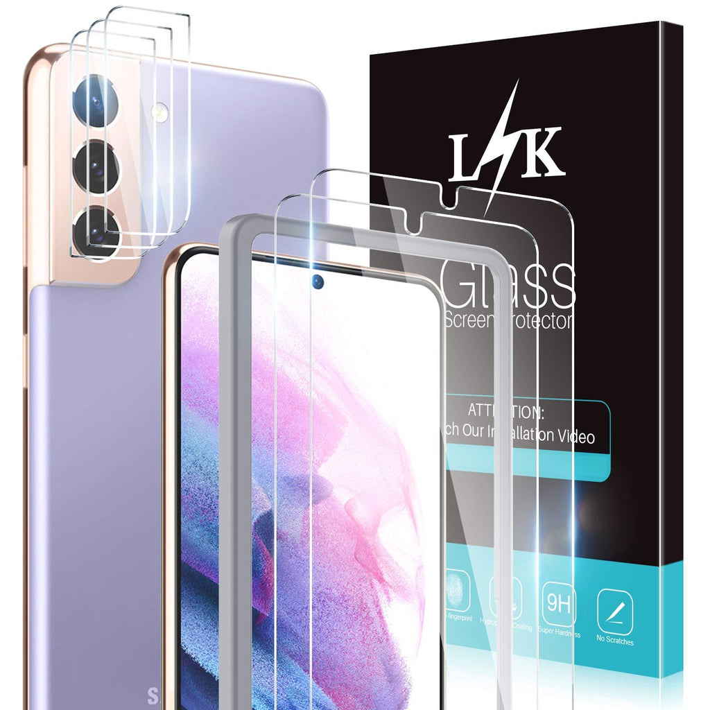 [2+3 Pack] LϟK Compatible for Samsung Galaxy S21 5G (Not for S21 Plus), 2 Pack Tempered Glass Screen Protector + 3 Pack Camera Lens Protector, Case Friendly, Installation Tray -Gray