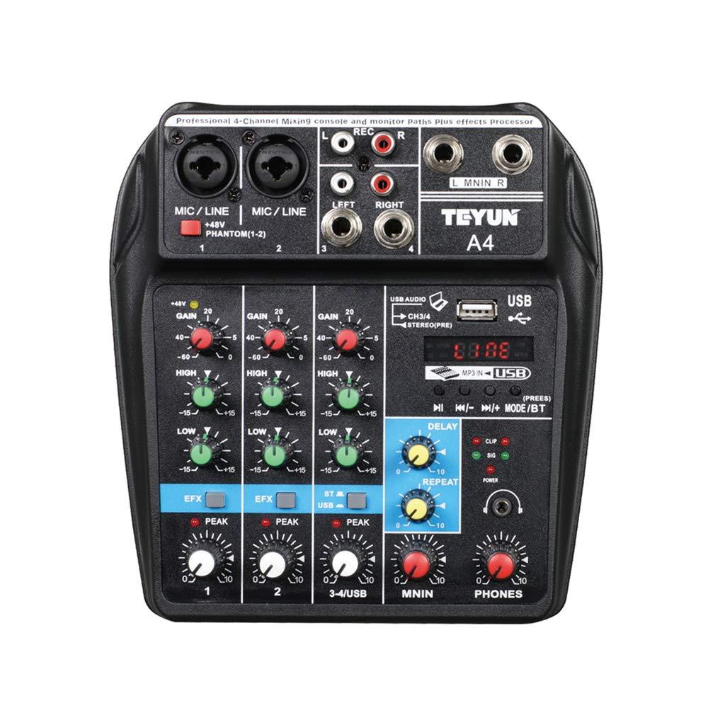 Professional Wireless 4 channel Audio Mixer TEYUN Portable Sound Mixing Console with USB Interface Digital MP3 Computer Input 48V Phantom Power Monitor for Home Studio Music Sound Recording