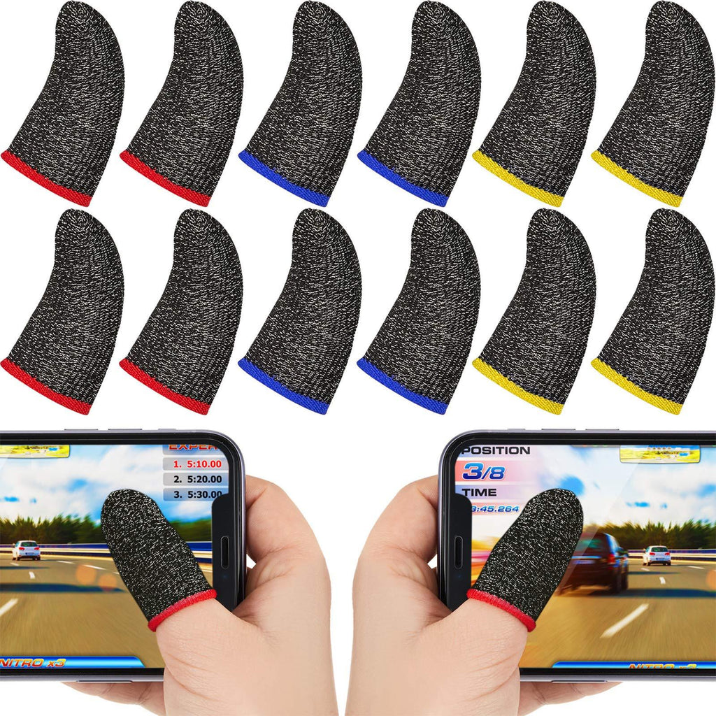 30 Pieces Finger Sleeves for Gaming Mobile Game Controllers Finger Thumb Sleeves Set, Anti-Sweat Breathable Seamless Touchscreen Finger Covers Silver Fiber for Phone Games PUBG Red Brim, Yellow Brim, Blue Brim