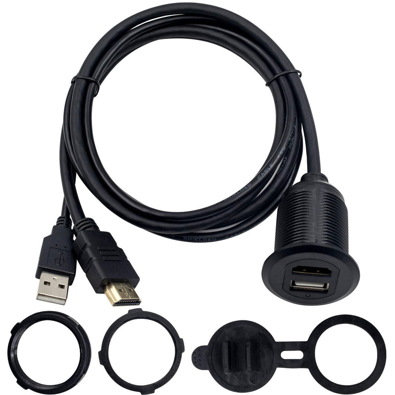 Duttek USB2.0 & HDMI Panel Flush Mount Cable, USB 2.0 & HDMI Male to Female Extension Mount, Dash Mount, Flush Mount, Panel Mount Cable, for Car, Boat, Motorcycle 1M/3.3 FT