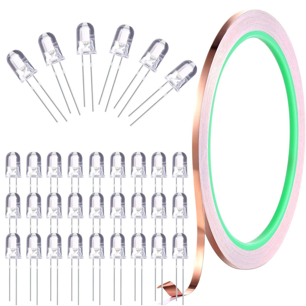 240 Pieces 5mm LED Light Emitting Diodes Diffused 2pin Round Emitting Lighting Bulb Lamp with 32.8 Feet Double Sided Copper Foil Tape (White) White