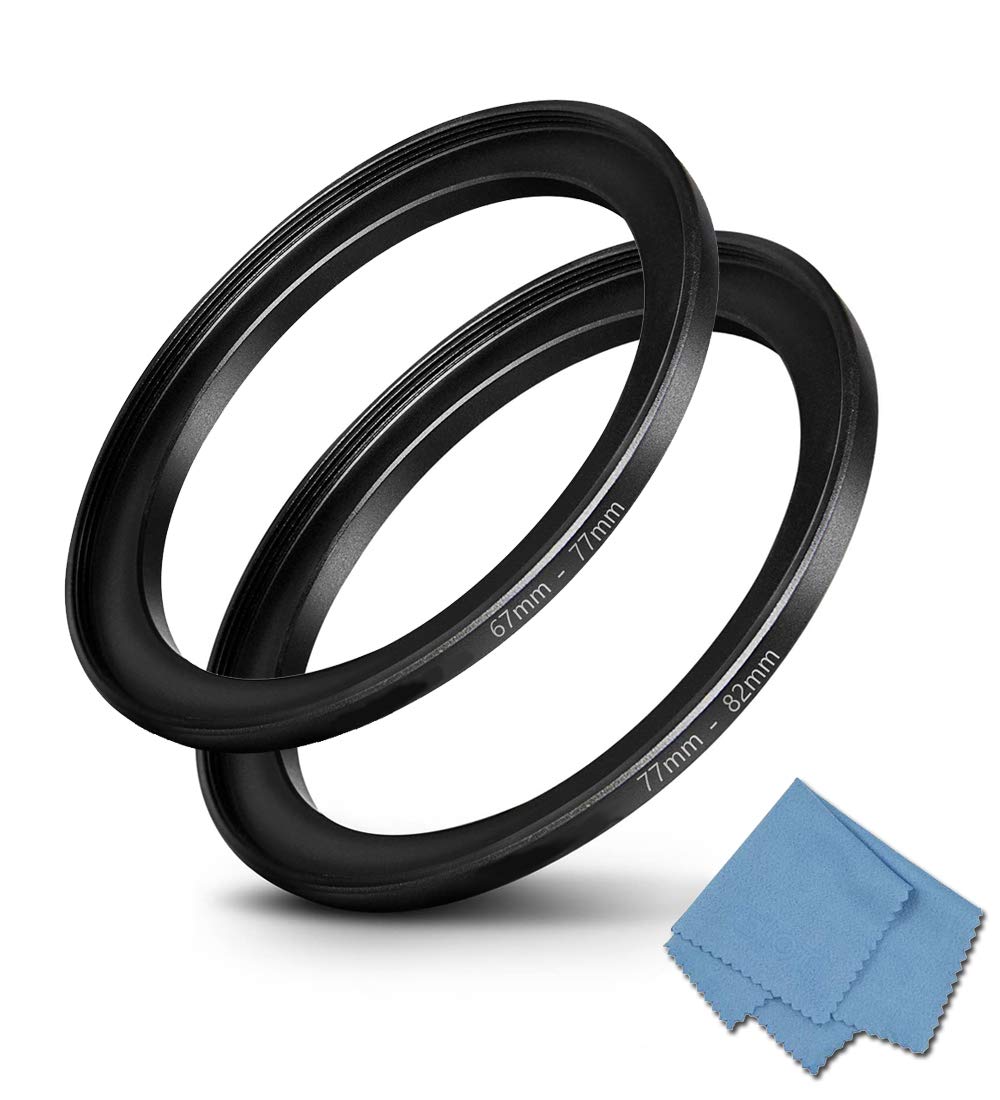Filter Step-Up Ring 67mm-77mm & 77mm-82mm, 67mm Lens to 77mm Filter & 77mm Lens to 82mm Filter (1+1 Pack), WH1916 Camera Lens Step Up Ring